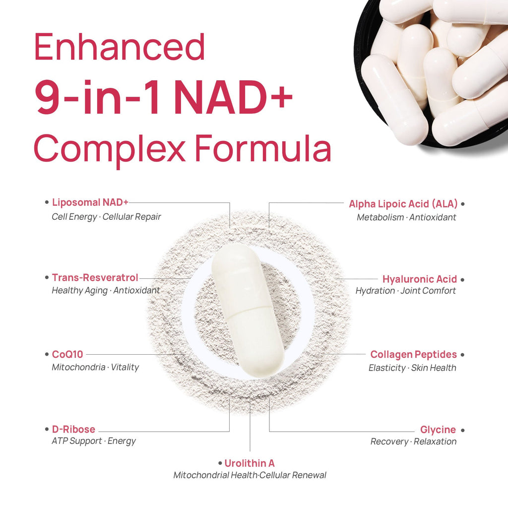 Enhanced 9-in-1 NAD+ Complex Formula — Liposomal NAD+, Trans-Resveratrol, CoQ10, D-Ribose, Urolithin A, ALA, Hyaluronic Acid, Collagen Peptides, Glycine