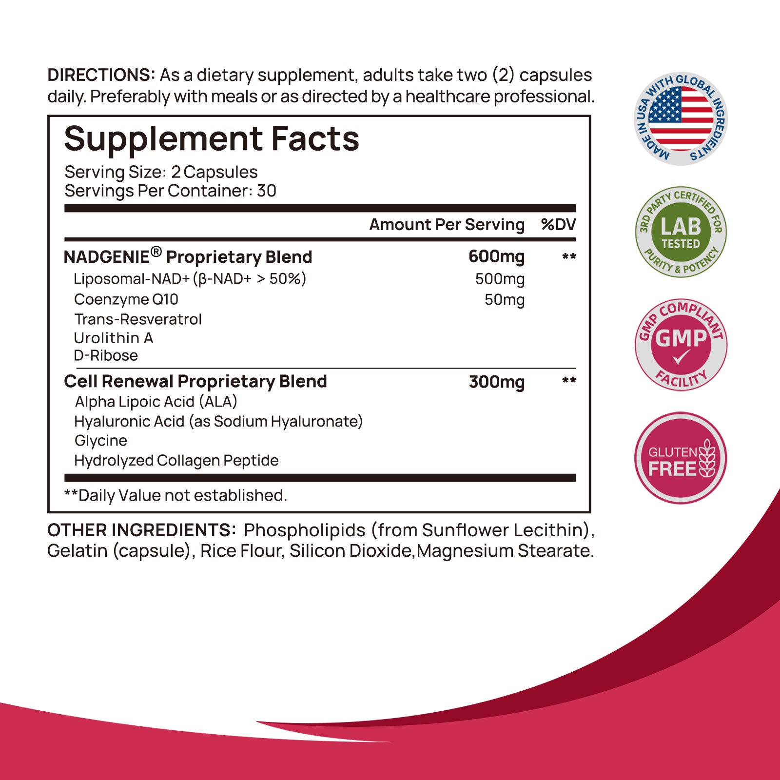 Selerb NAD+ Supplement Facts — NADGENIE Proprietary Blend 600mg, Cell Renewal Blend 300mg, made in USA, GMP, gluten-free, lab tested