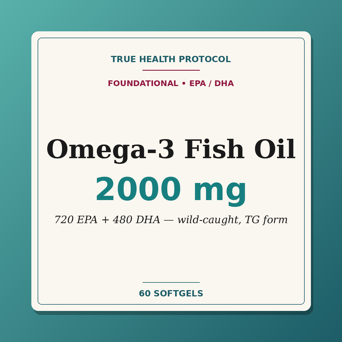 Omega-3 Fish Oil 2000mg — 720mg EPA + 480mg DHA, wild-caught, triglyceride form (60 softgels) | True Health Protocol