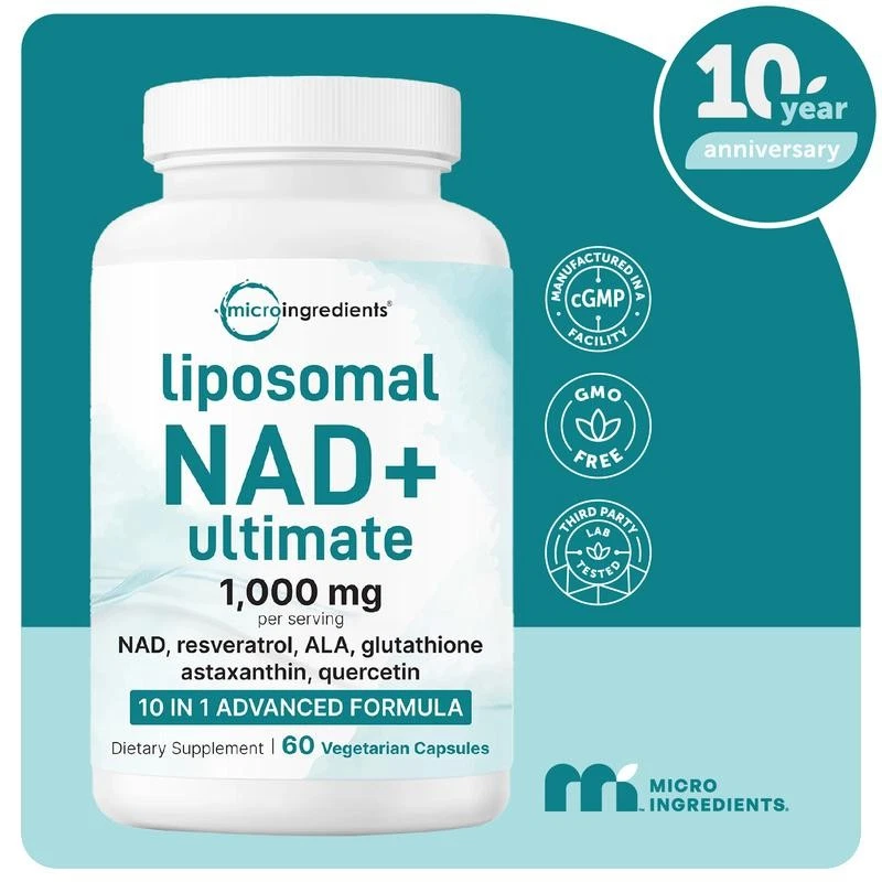 Liposomal NAD+ Ultimate 1,000mg — 10-in-1 advanced formula with NAD, resveratrol, ALA, glutathione, astaxanthin, quercetin (60 vegetarian capsules)