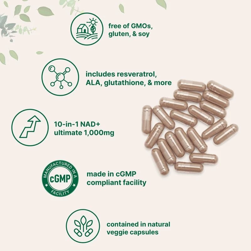 Liposomal NAD+ Ultimate 1,000mg benefits — free of GMO, gluten and soy; cGMP facility; 10-in-1 anti-aging formula in natural veggie capsules