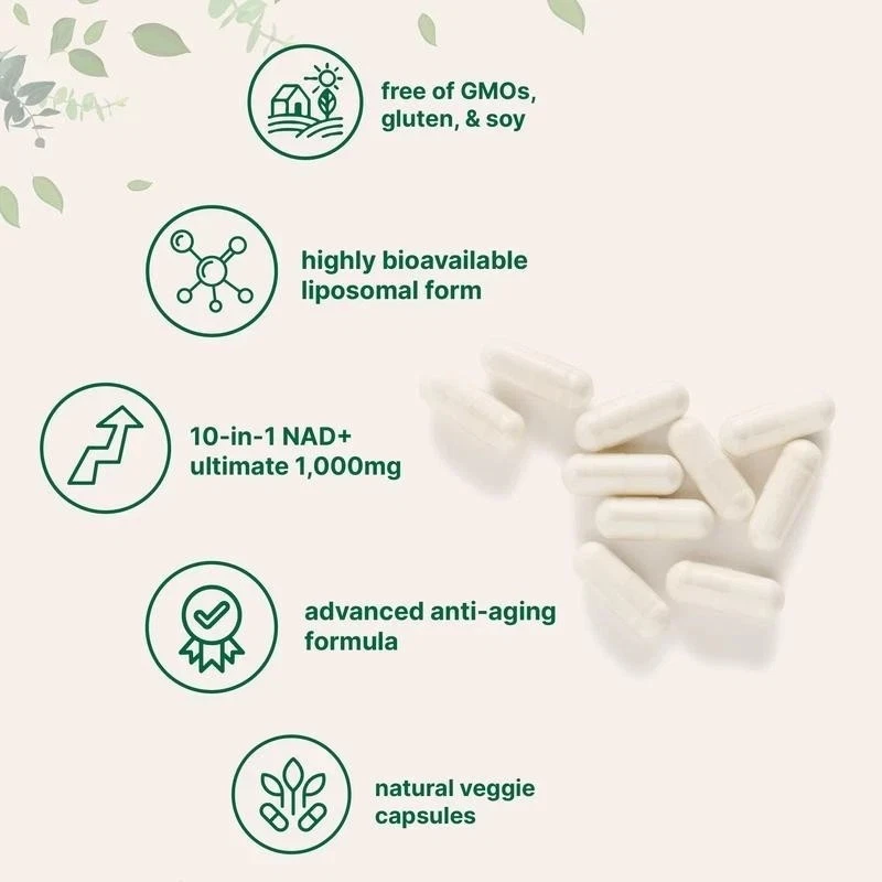 Highly bioavailable liposomal form — Liposomal NAD+ Ultimate 1,000mg, advanced anti-aging formula, free of GMO/gluten/soy, natural veggie capsules