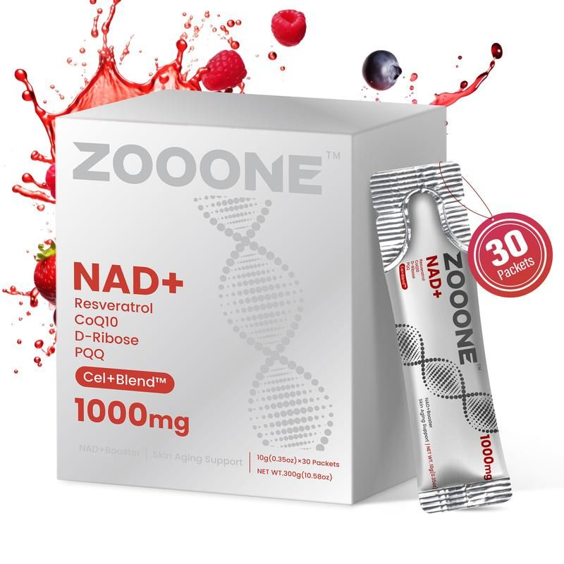 ZOONE NAD+ 1000mg drink stick packets — NAD+ with resveratrol, CoQ10, D-Ribose, PQQ, Cell+Blend (30-day supply)