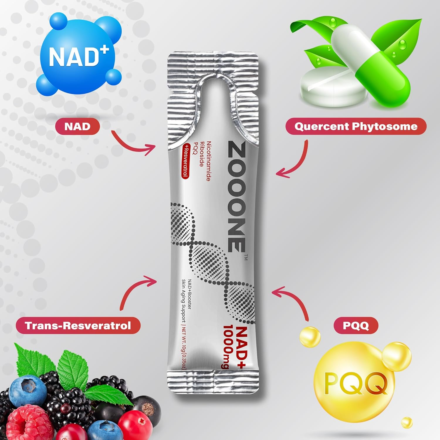 ZOONE NAD+ key ingredients — NAD, Quercetin Phytosome, Trans-Resveratrol, PQQ — delivered in a single-serve berry stick packet