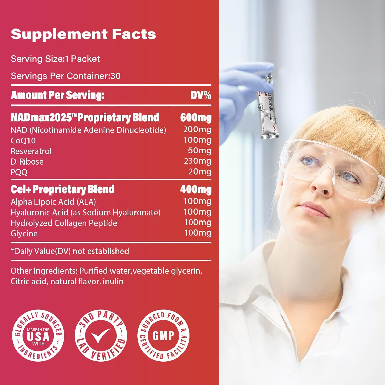 ZOONE NAD+ Supplement Facts — NADmax2025 Proprietary Blend 600mg with NAD, CoQ10, Resveratrol, D-Ribose, PQQ; Cel+ Blend 400mg with ALA, HA, Collagen, Glycine